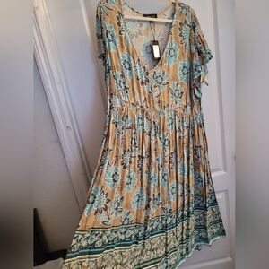 Floral V-Neck Dress in Blue and Tan